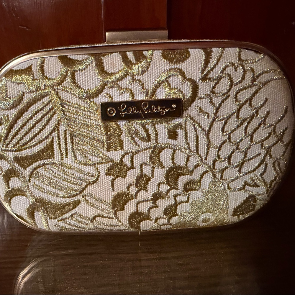 Lilly Pulitzer White and Gold Embroidered Floral Clutch